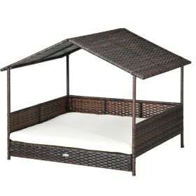 Outdoor Dog Bed with Canopy, Rattan Dog Bed with Soft Cushion Removable Cover for Medium and Large Dogs, Cream White (Color: Cream White)