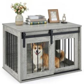 31.5" Dog Crate Furniture With Sliding Barn Door, Wooden Dog Kennel End Table For Indoor Use (Color: Gray)