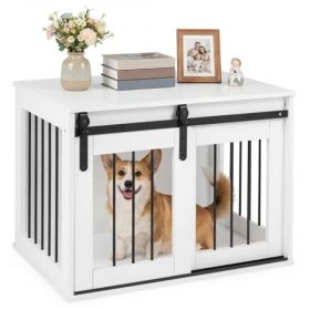 31.5" Dog Crate Furniture With Sliding Barn Door, Wooden Dog Kennel End Table For Indoor Use (Color: White)
